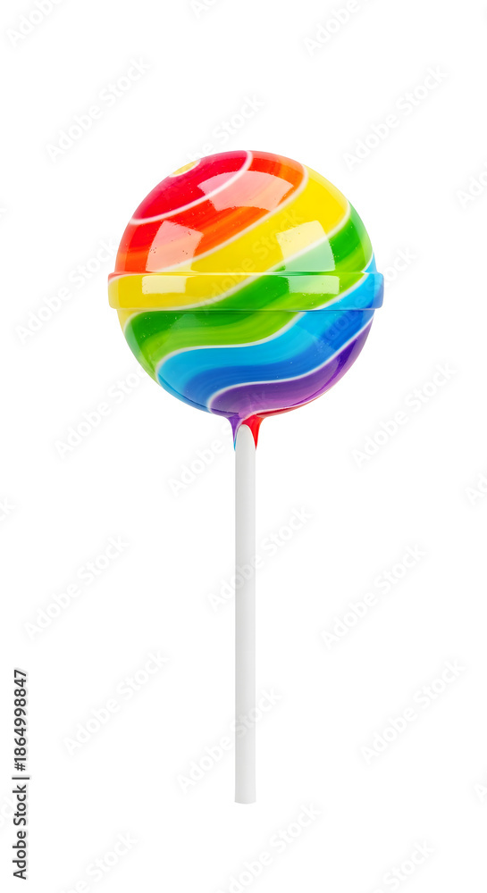 Fototapeta premium Shiny, round, rainbow lollipop on a white stick, on a clean white background