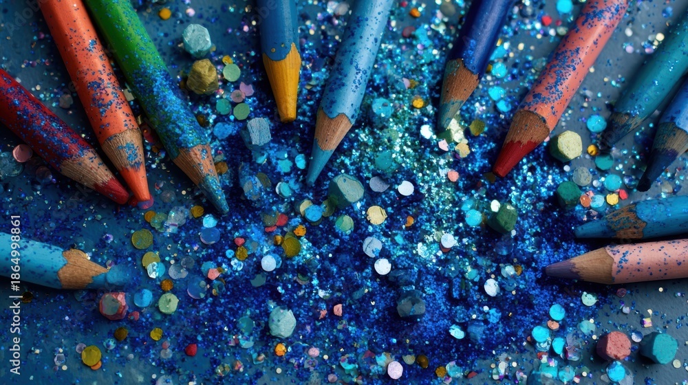 Obraz premium Glitter Colored Pencils on Blue Sparkle Background