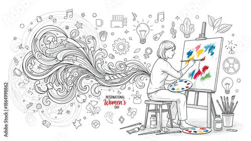 Woman painting vibrant artwork on canvas with colorful palette and brushes, Generative AI.