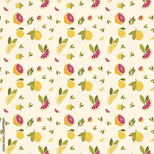 seamless lemon pattern featuring fruits, slices, and leaves on a soft pastel background for various design uses.