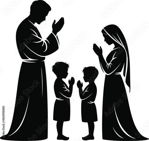 Praying family silhouette with children together in folded hands as pointing upward human hand palm gesture of devotion with prayer