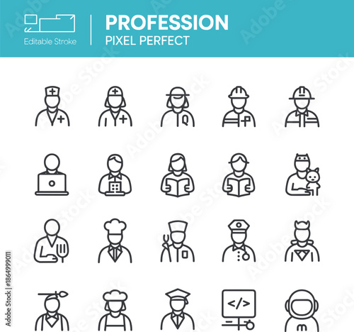 Set of twenty pixel perfect profession and occupation line icons with editable stroke for career, job, and business avatars.