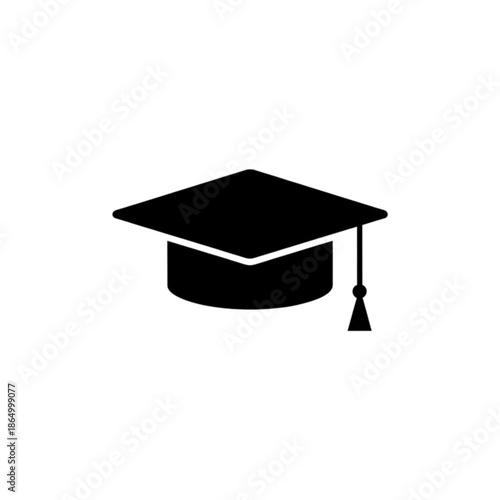 A minimalist black and white vector image of a traditional academic graduation cap (mortarboard) with a tassel, symbolizing the successful completion of a degree or educational program