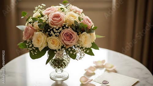 Elegant bouquet of pink and white roses on a marble table
