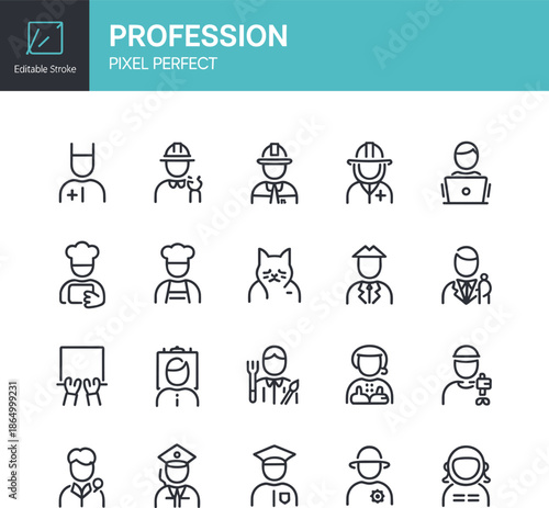Set of twenty pixel perfect profession and occupation line icons with editable stroke for career, job, and staffing applications.