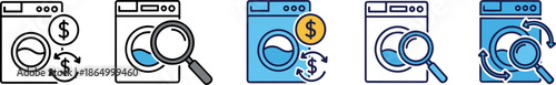 Laundry cost and washing machine analysis icon set vector illustration showing price savings inspection and service symbols for appliance maintenance, utility management, and home service design