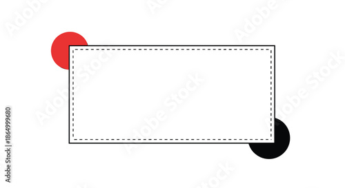 Minimalist rectangular frame with a dashed line border, decorated with red and black circles for a modern design element.