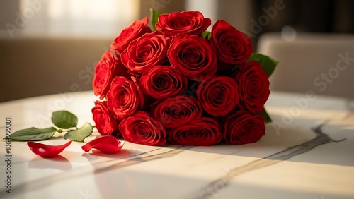 Romantic bouquet of red roses on white marble table with scattered petals, evoking feelings of love and elegance.
