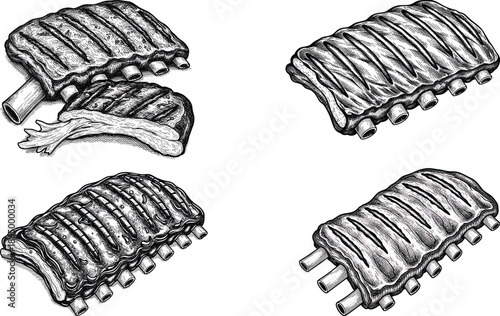 Black and White Vintage Engraving Illustration of Grilled Pork Ribs and Barbecue Meat Cuts Set