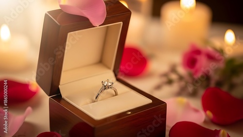 wedding rings and rose on red background