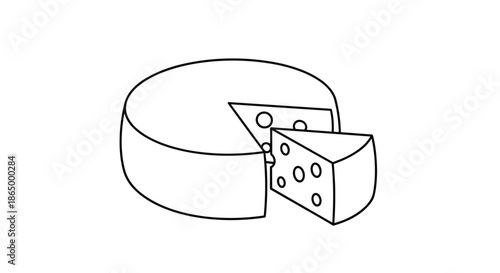 Minimalist black and white line art illustration of a wheel of Swiss cheese with a single triangular slice cut from it.