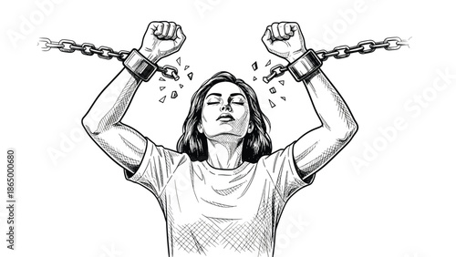 Empowered woman breaking free from chains with determined expression, Generative AI.