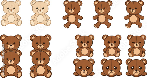 Cute Teddy Bear Cartoon Character Set with Different Facial Expressions and Body Poses Vector Illustration