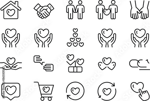 Set of black and white heart-themed with various actions and