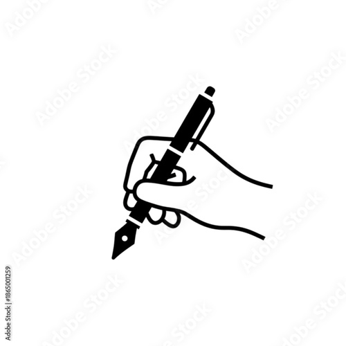 A minimalist black and white vector image of a hand holding a fountain pen, symbolizing the act of writing, signing, or creative expression