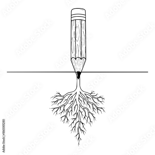 Pencil Growing Roots Under Ground Symbolizing Creative Growth with symbol and illustration and drawing in black and white line art for isolated on white