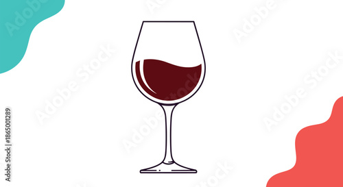 Simple line art illustration of a glass of red wine with a modern design featuring abstract colorful shapes in the corners.