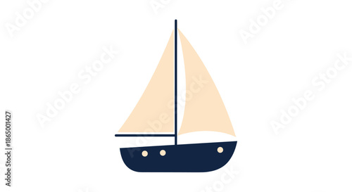 Cute and simple flat design illustration of a small sailboat with beige sails, isolated on a white background for travel themes.