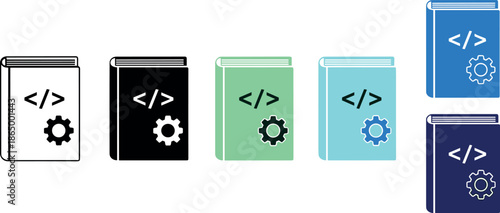 Programming code book and software development icon set vector illustration featuring source code symbols and gear settings for application development, coding education, and IT technology design