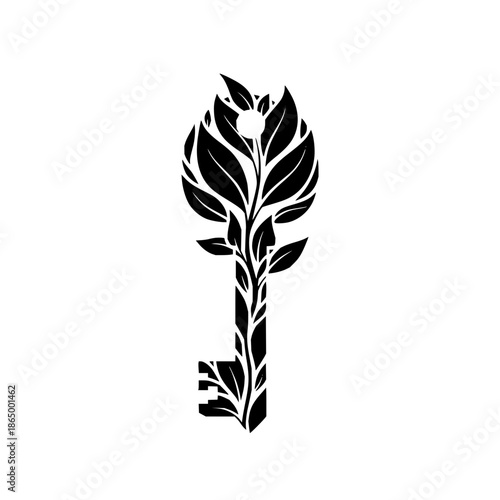 Black Key with Leafy Design on White Background, Symbolizing Growth with isolated and illustration and icon in minimalistic symbol for conceptual