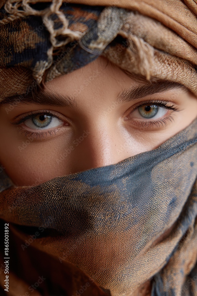 Fototapeta premium Mystical Gaze: Intricate patterns of the fabric create an evocative moment. Capturing the eyes, a captivating portrait. 