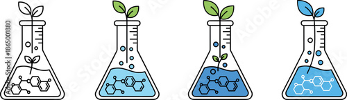 Eco chemistry laboratory flask illustration vector showing green science experiment with plants water recycling and sustainable environmental research concept for education and innovation design