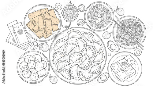 Delicious assortment of Asian dishes and desserts on plates, Generative AI.