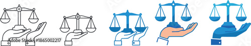 Justice balance scale and law fairness icon set vector illustration showing hands holding scales for legal system, equality, judgment, ethics, and courtroom concept design