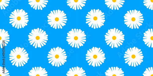 This vibrant pattern showcases white daisies with yellow centers against a bright blue background, creating a cheerful and lively aesthetic perfect for various design applications.