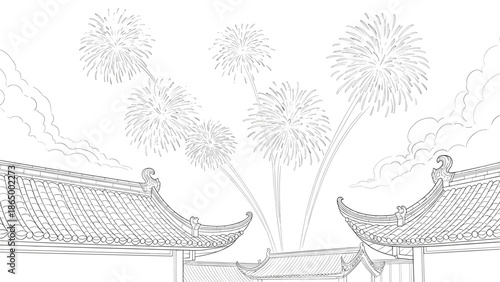 Traditional Asian buildings celebrating with vibrant fireworks display, Generative AI.