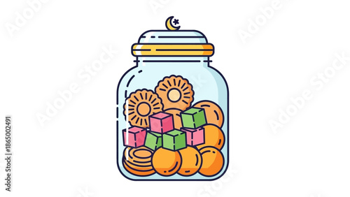 Colorful cartoon illustration of a glass jar filled with assorted candies and cookies on a white background with a playful and sweet mood.