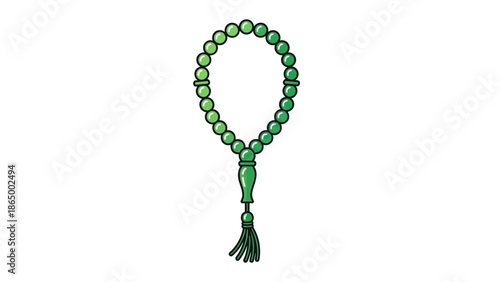 Green prayer beads with tassel on a white background, featuring various shades of green beads and a decorative tassel.