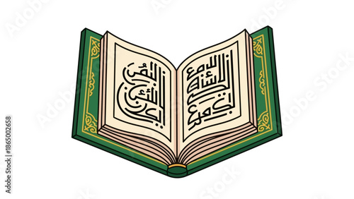 Illustration of an open book with Arabic calligraphy on the pages and a green cover with gold designs on a white background.