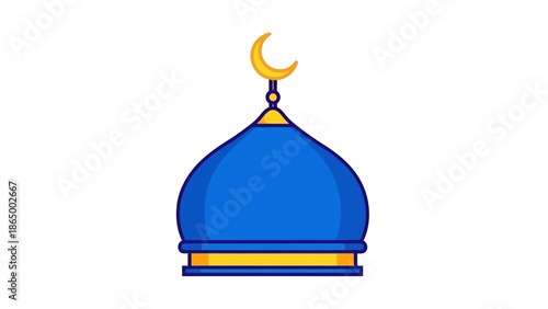 Graphic illustration of a blue mosque dome with a yellow crescent moon on top against a white background.
