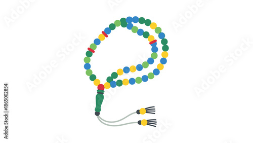 A colorful beaded necklace with a green tassel on a white background, showcasing a vibrant mix of blue, yellow, green, and red beads in a looped design.