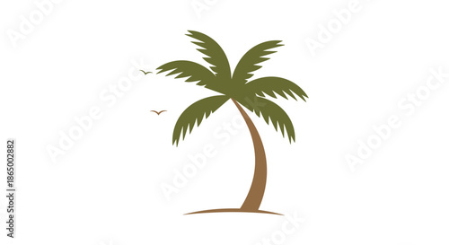 Minimalist vector illustration of a tropical palm tree with two birds flying nearby, perfect for summer and vacation-themed designs.