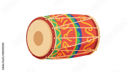 Colorful illustration of a traditional Indian drum with intricate designs on a white background.