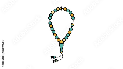 A colorful tasbih prayer beads necklace with a tassel on a white background, showcasing blue, orange, and yellow beads in a loop.