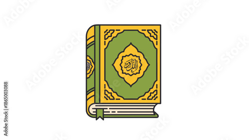 Illustration of a green and gold decorated book with a yellow star on the cover, lying open slightly on a plain white background.