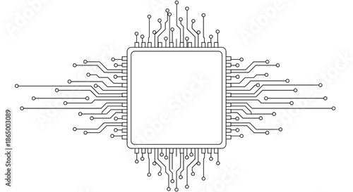 Black and white line art illustration of a computer processor chip with circuit board pathways, symbolizing technology and data.