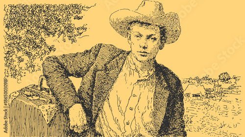 Man in cowboy hat with suitcase, depicted in vintage illustration style. Simple line art showcasing a rural scene.