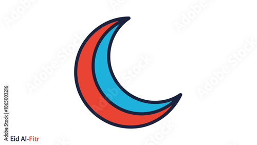 A colorful crescent moon symbol with red and blue sections on a white background with a black outline.