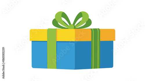 Colorful wrapped gift box with yellow, blue, and green ribbon on white background, flat design.