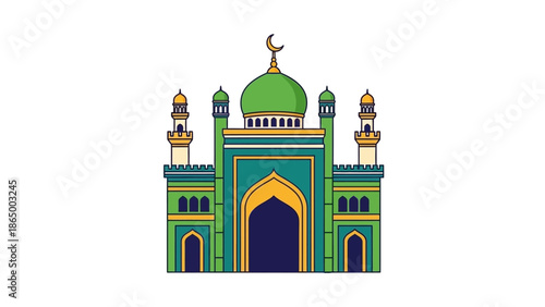 Vibrant illustration of a mosque with green domes and yellow accents against a white background.