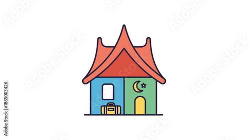 Colorful illustration of a house with a red roof and blue and green walls on a white background.