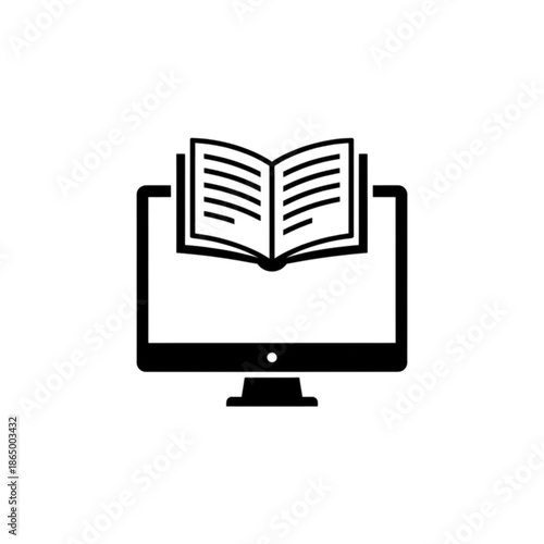 A clean and professional vector image featuring an open book on a computer monitor, perfectly representing the modern concept of e-learning and digital education