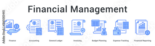 Financial management banner web icon covers accounting ledger invoicing budget planning and expense tracking comprehensively.