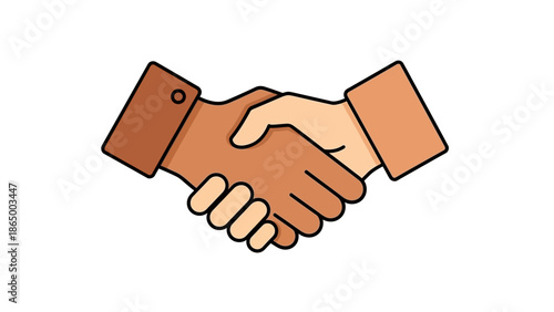 Illustration of two hands shaking in a firm handshake against a plain white background with a simple graphic style.