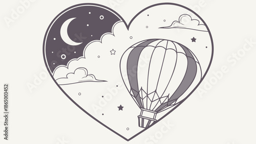Romantic hot air balloon ride under starry night sky in heart shape