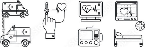 Medical emergency and healthcare equipment line icon set vector illustration featuring ambulance heart monitoring patient bed and vital sign symbols for hospital, clinic, and health service design